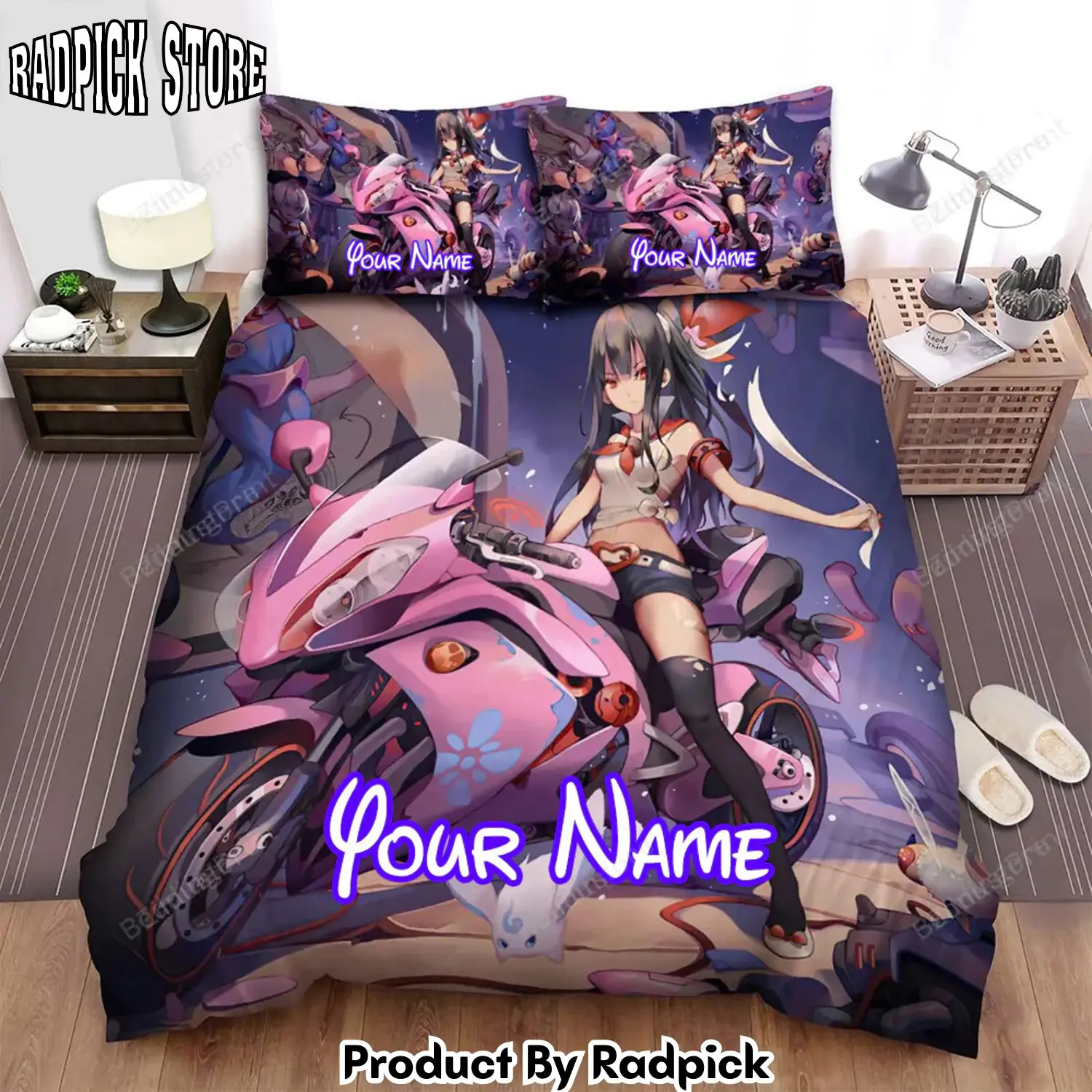 Radpick anime highschool biker girl on pink motorcycle bed sheets spread duvet cover personalized name bedding sets rp3278761